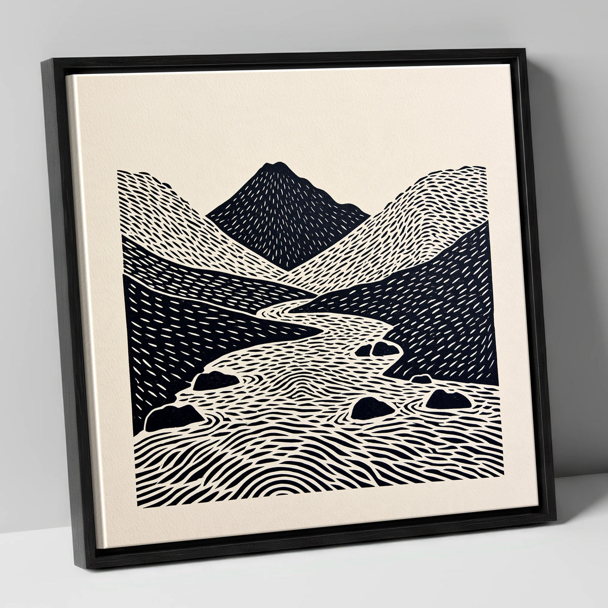 Bold Scafell Pike and Beck lake district fell canvas wall art in black frame