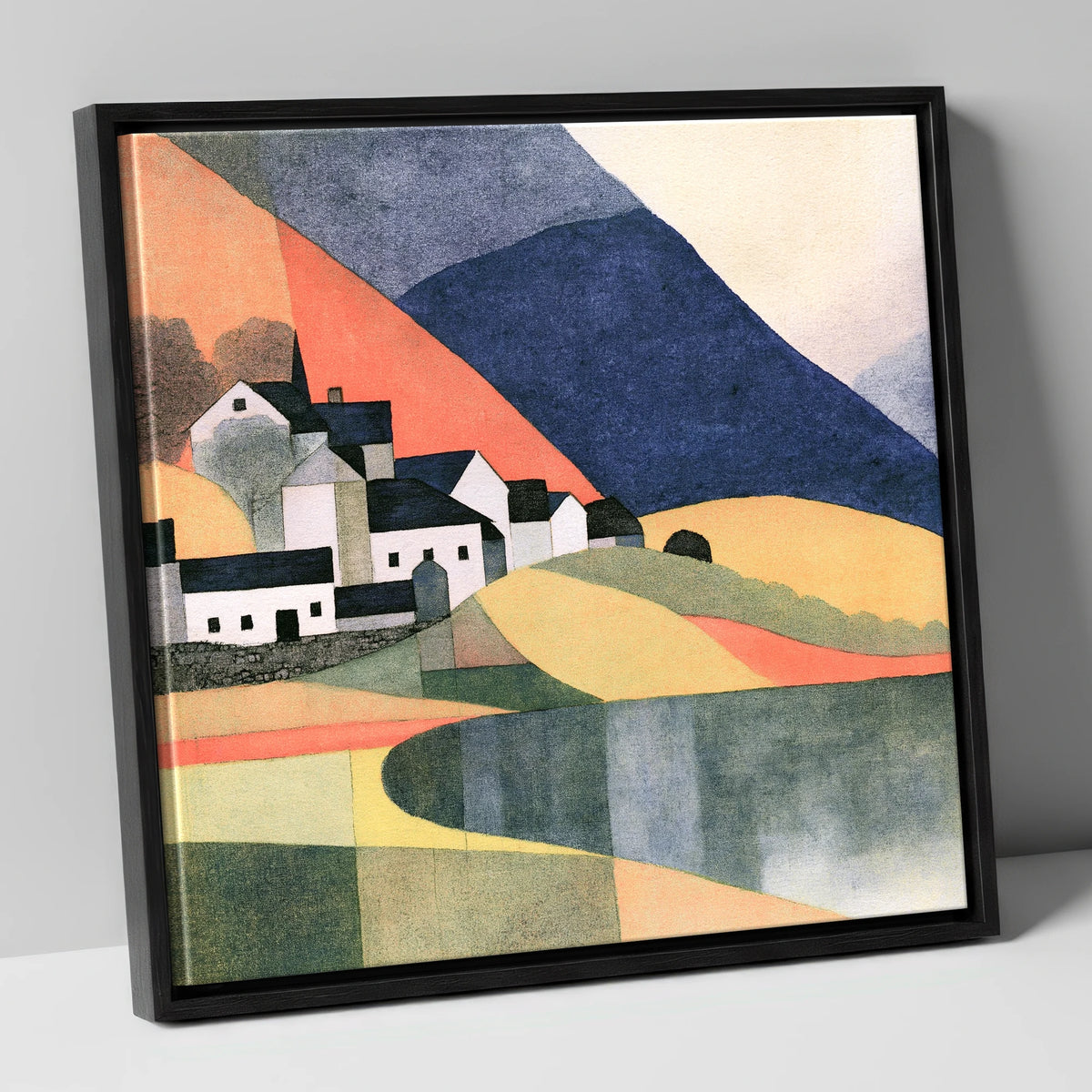 Lakeside Village and Indigo Fells lake district village canvas wall art in black frame