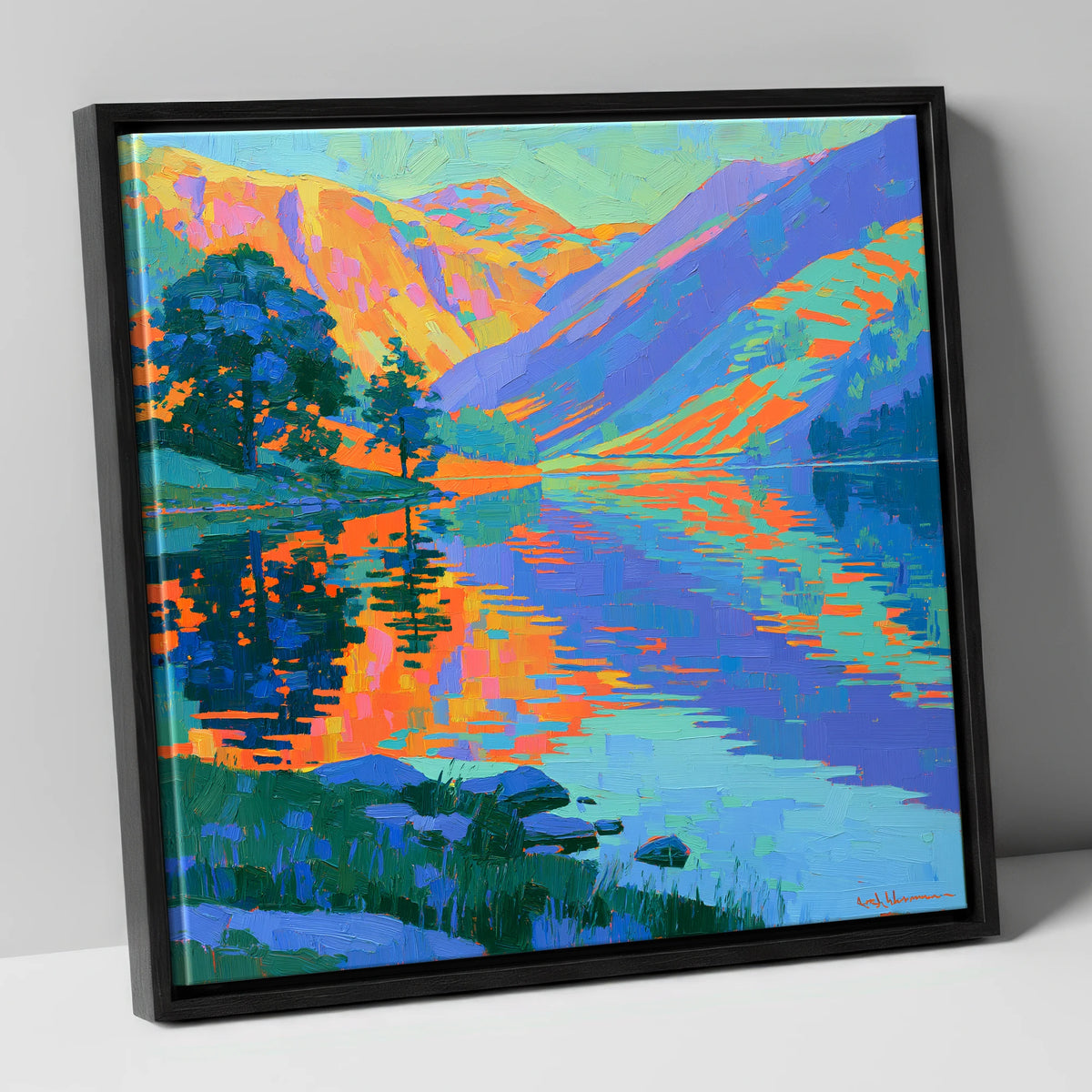 Vibrant Fells and Lake Reflections lake district lake canvas wall art in black frame