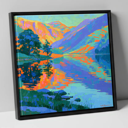 Vibrant Fells and Lake Reflections lake district lake canvas wall art in black frame