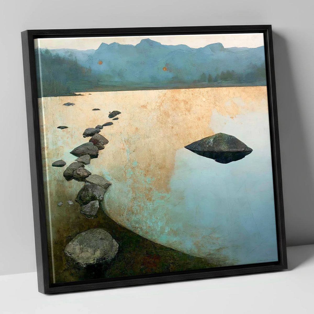 Scattered Rocks on Golden Elterwater lake district lake canvas wall art in black frame