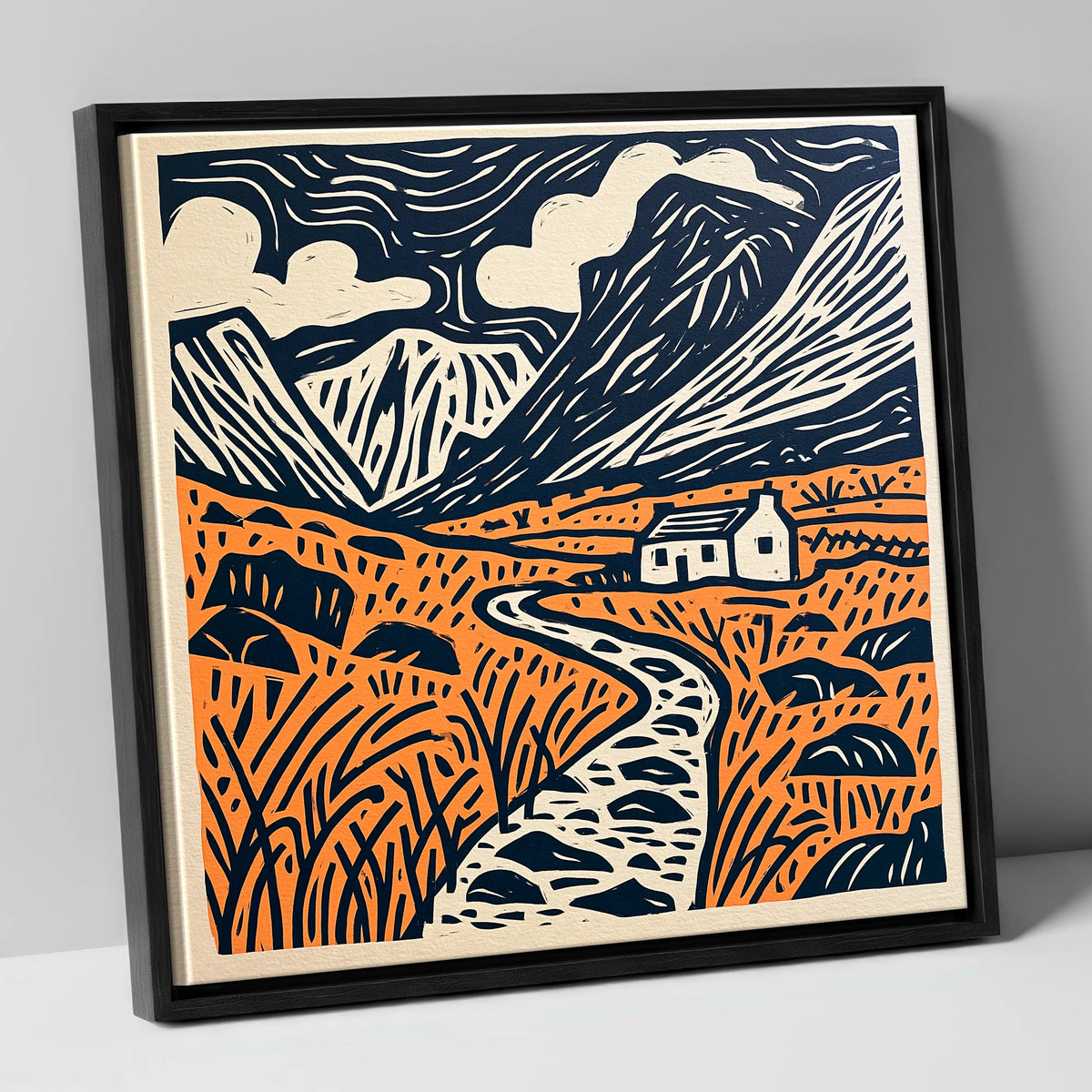 Eskdale Cottage and Navy Fells lake district valley canvas wall art in black frame