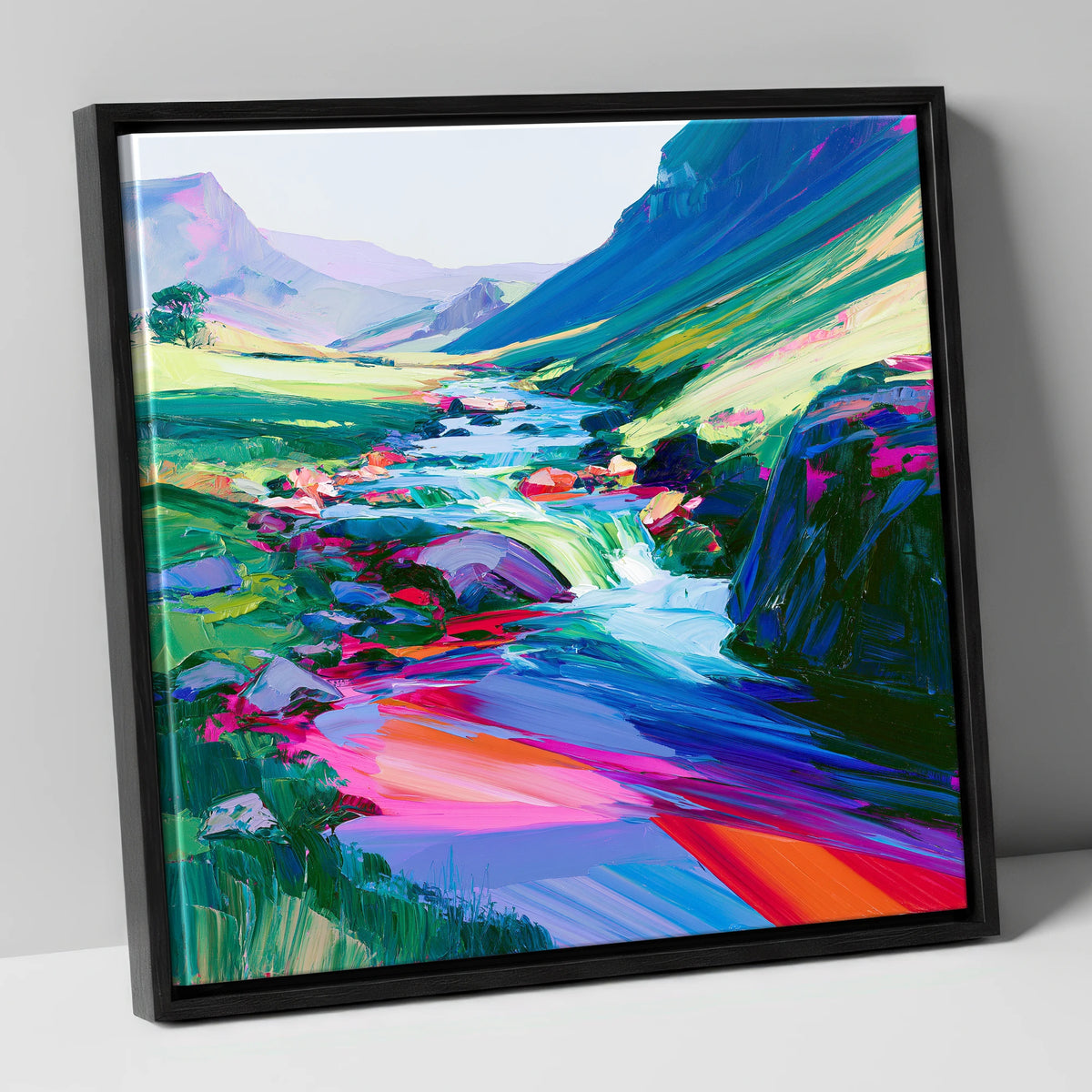 Vivid Fellside Beck Waterfall lake district waterfall canvas wall art in black frame