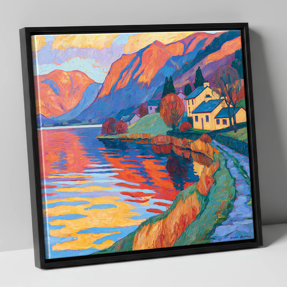 Golden Cottages on the Lakeshore lake district village canvas wall art in black frame