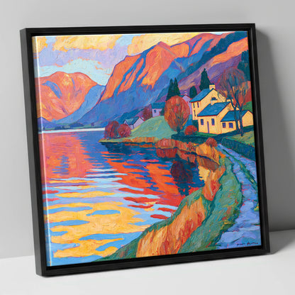 Golden Cottages on the Lakeshore lake district village canvas wall art in black frame