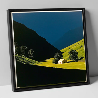 Sunlit Farmhouse in a Green Valley lake district valley canvas wall art in black frame