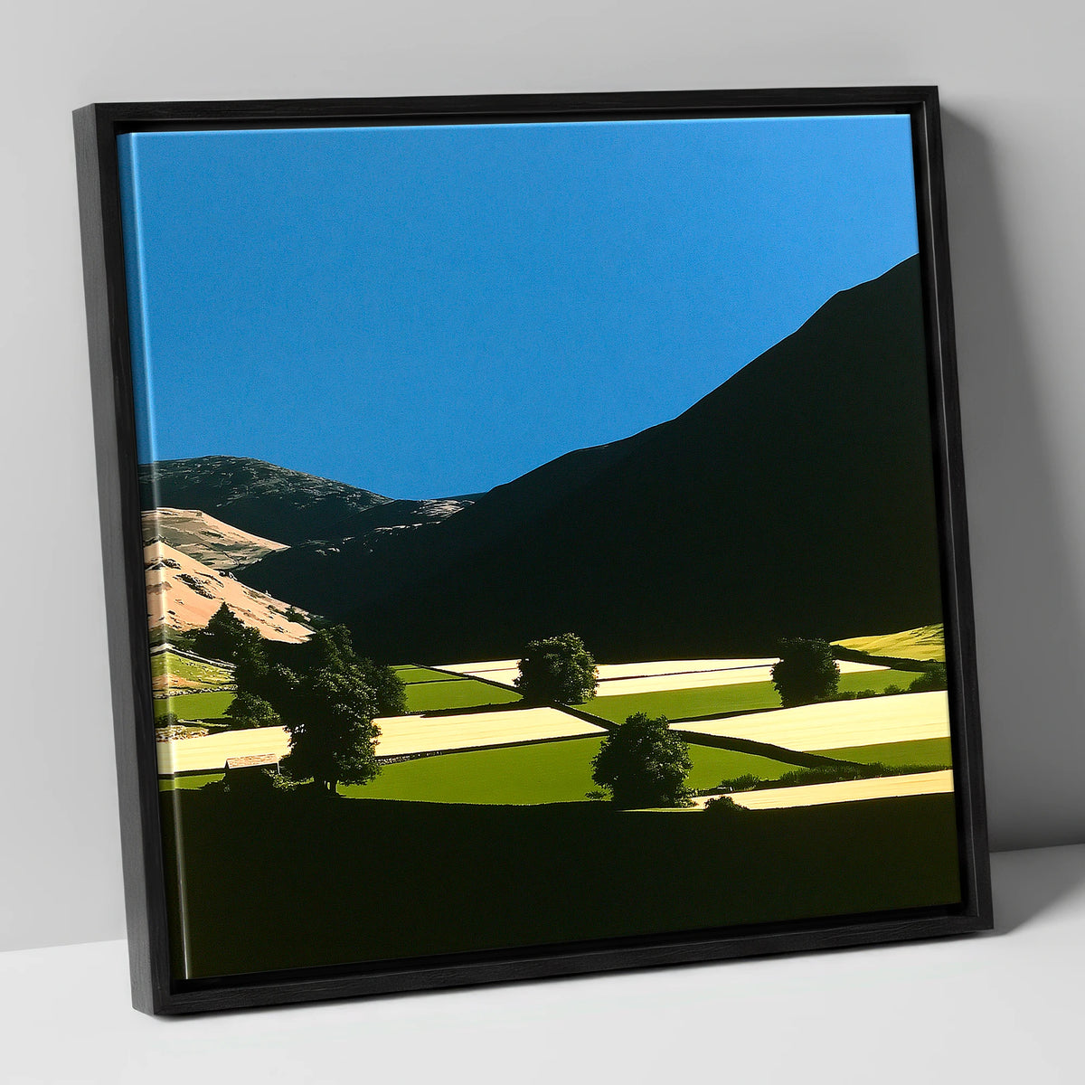 Dale Patchwork in Deep Shadow lake district valley canvas wall art in black frame