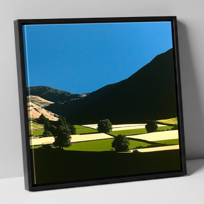 Dale Patchwork in Deep Shadow lake district valley canvas wall art in black frame