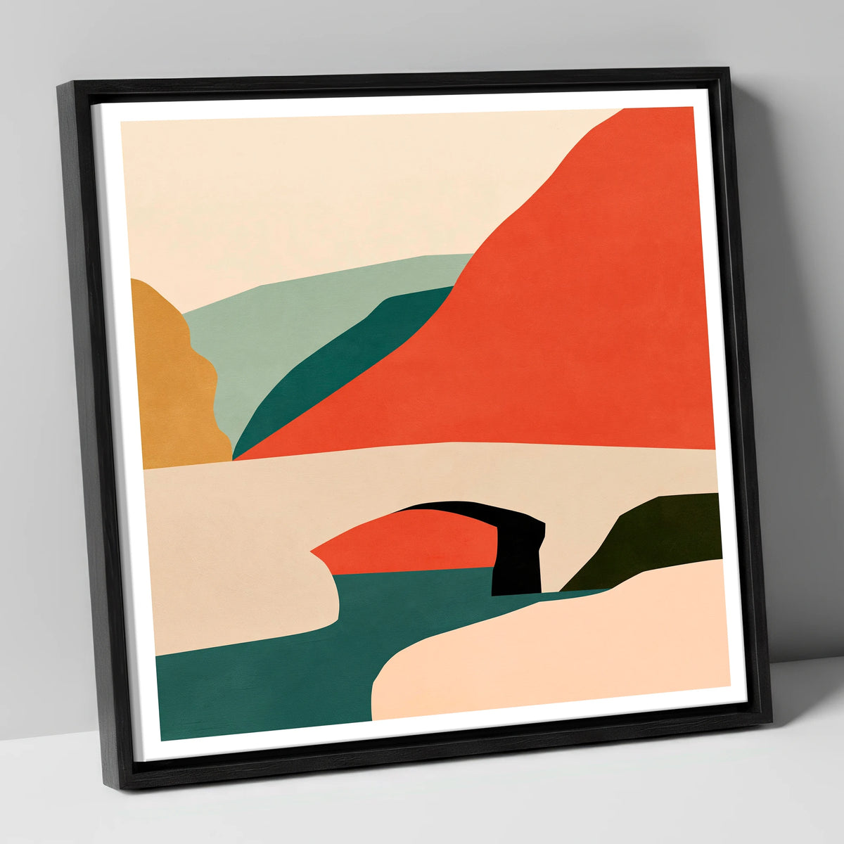 Stone Bridge and Terracotta Fells lake district waterfall canvas wall art in black frame