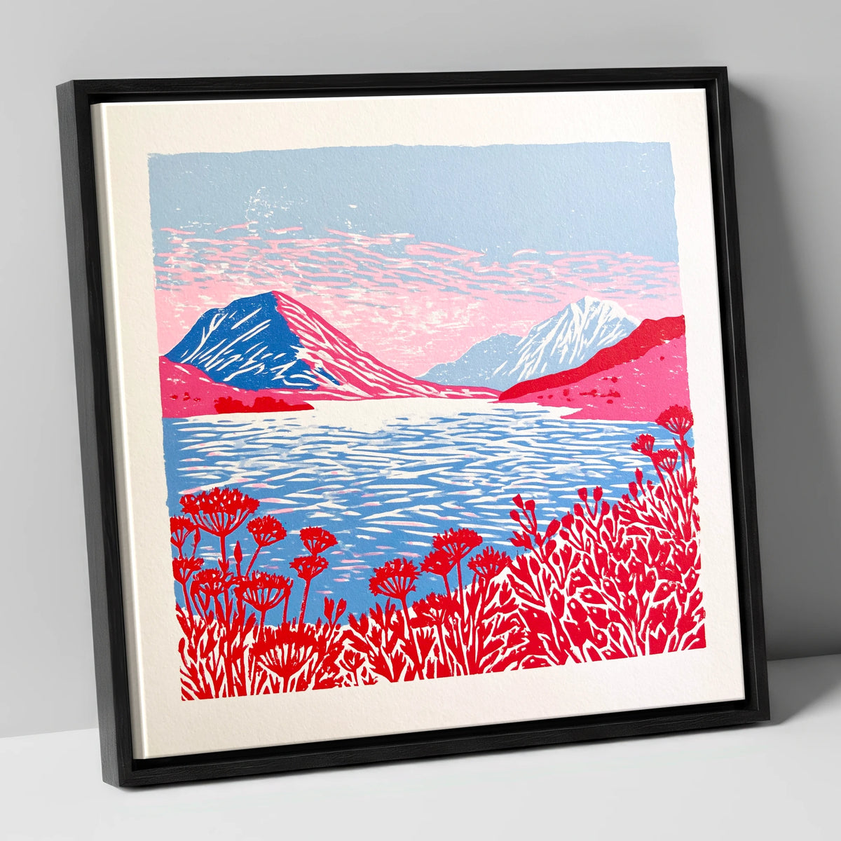 Crummock Water in Vivid Red lake district lake canvas wall art in black frame