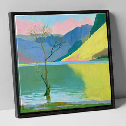 Buttermere Tree Under Pink Skies lake district lake canvas wall art in black frame