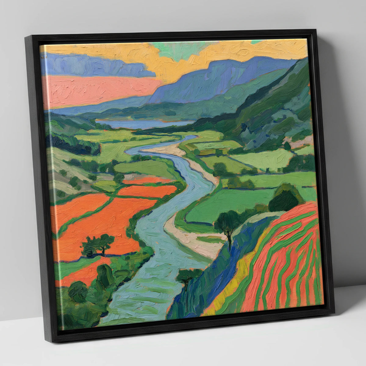 Winding River Through Vivid Fells lake district waterfall canvas wall art in black frame