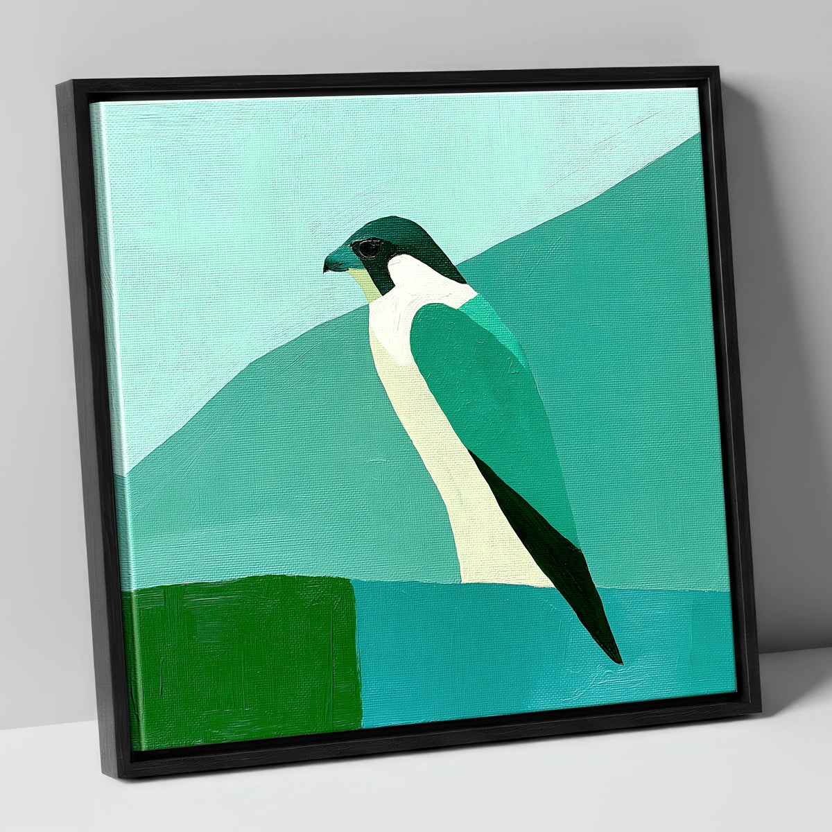 Geometric Teal Peregrine Falcon lake district wildlife canvas wall art in black frame
