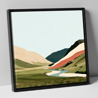 Winding River and Terracotta Fells lake district waterfall canvas wall art in black frame