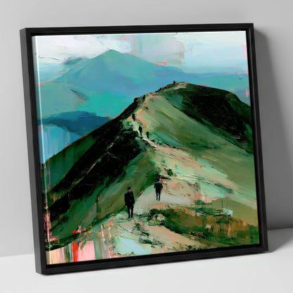 Silhouetted Hikers on Fell Ridge lake district fell canvas wall art in black frame