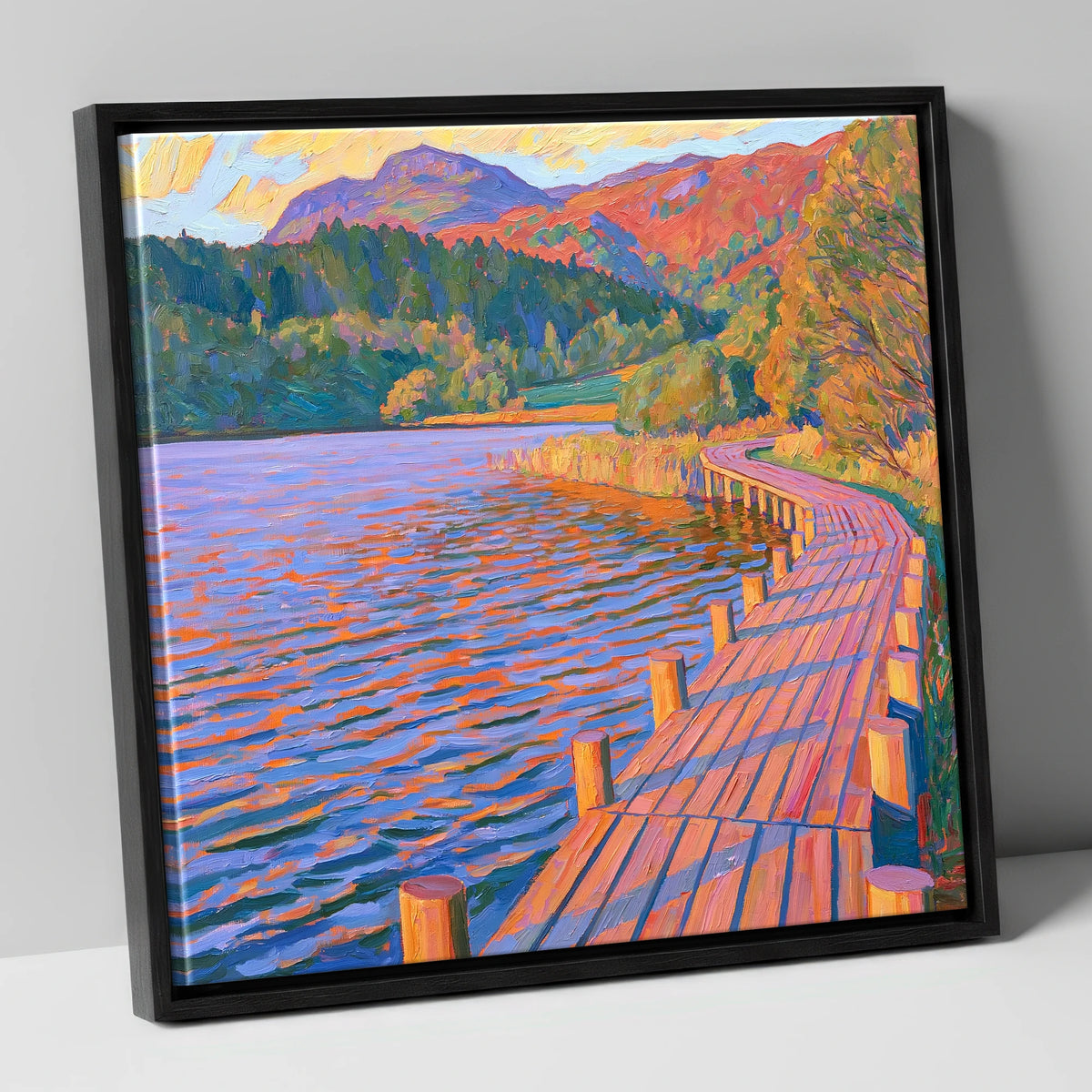 Curving Boardwalk at Tarn Hows lake district lake canvas wall art in black frame