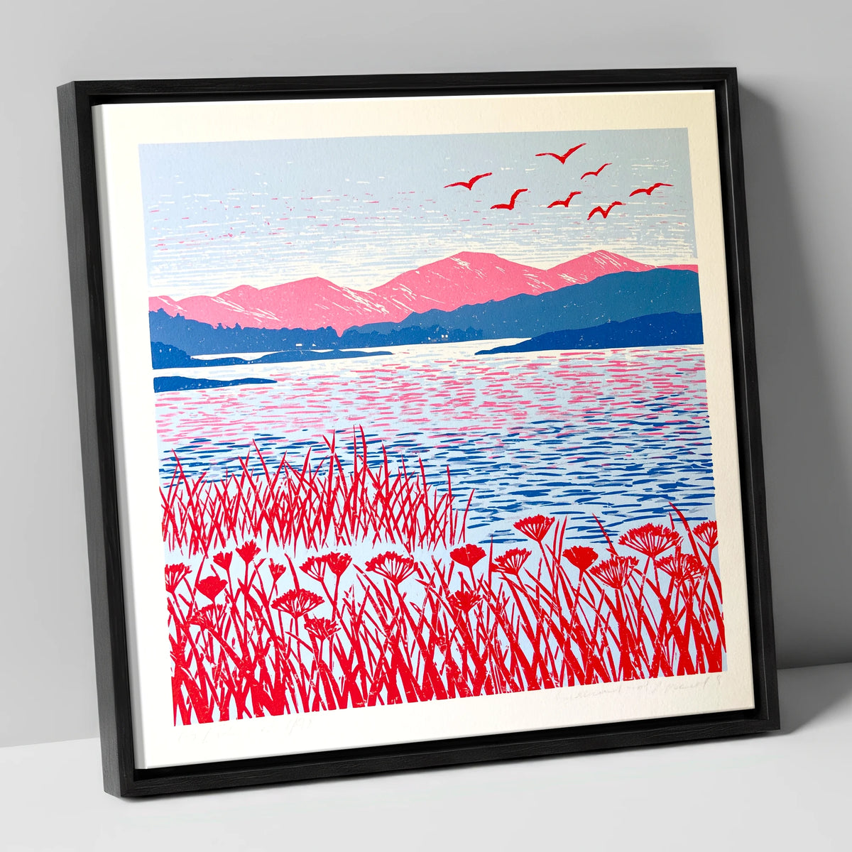 Red Reeds Over Coniston Water lake district lake canvas wall art in black frame