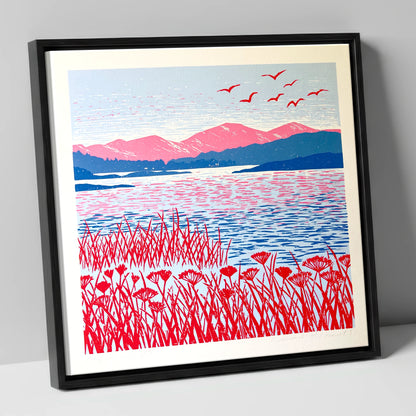 Red Reeds Over Coniston Water lake district lake canvas wall art in black frame