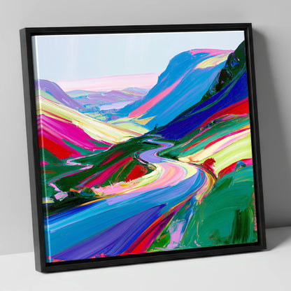 Vivid Sweeping Mountain Pass lake district valley canvas wall art in black frame