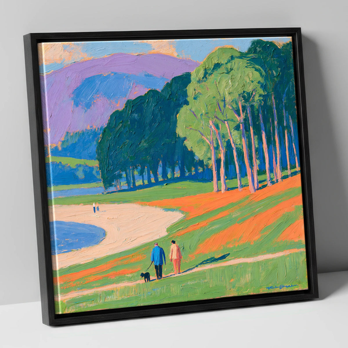 Vibrant Ambleside Dog Walk gifts for dog walkers canvas wall art in black frame