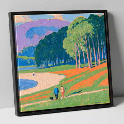 Vibrant Ambleside Dog Walk gifts for dog walkers canvas wall art in black frame