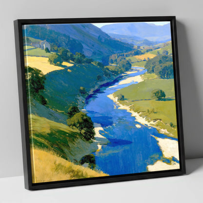 Vivid Winding River Valley lake district waterfall canvas wall art in black frame