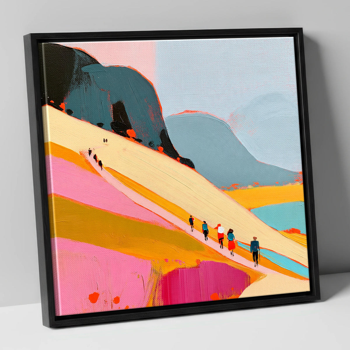 Vibrant Mountain Path Walkers lake district walking canvas wall art in black frame