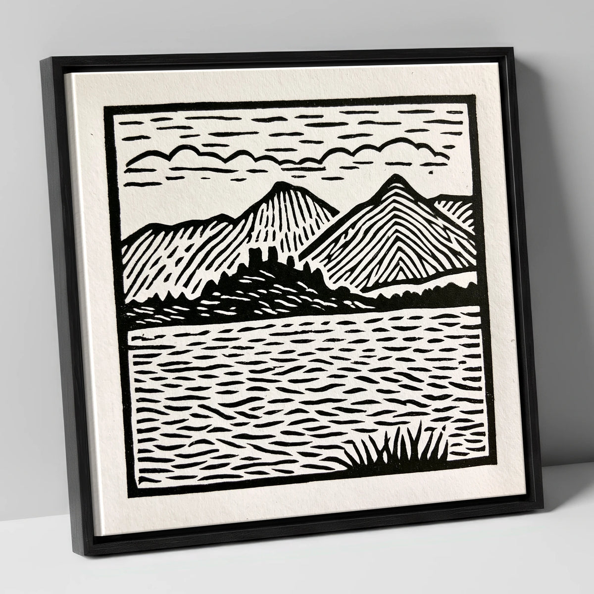 Monochrome Derwentwater Fells lake district lake canvas wall art in black frame