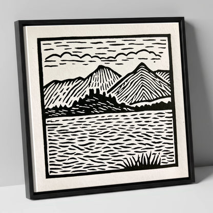 Monochrome Derwentwater Fells lake district lake canvas wall art in black frame