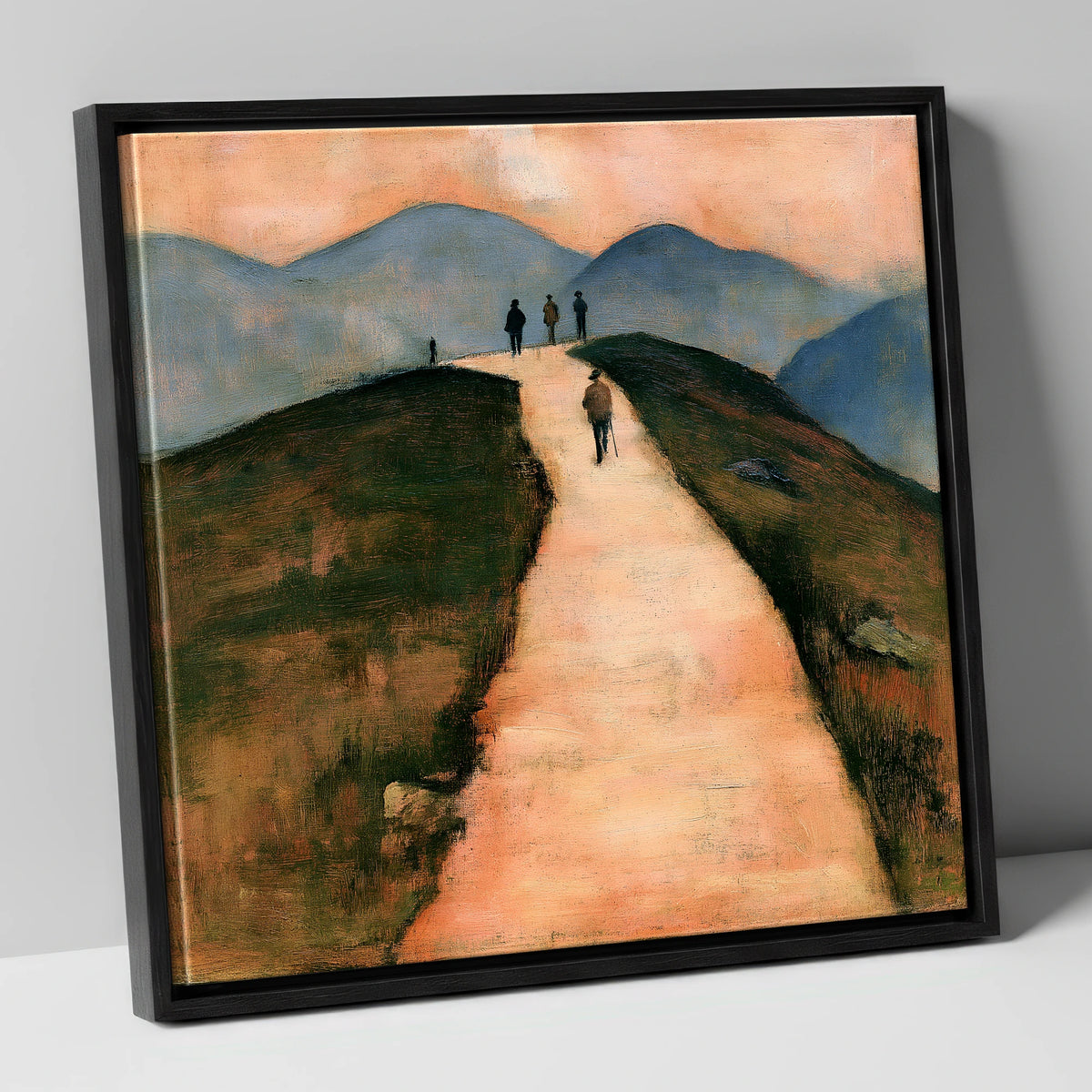 Walkers on a Warm Mountain Path lake district walking canvas wall art in black frame