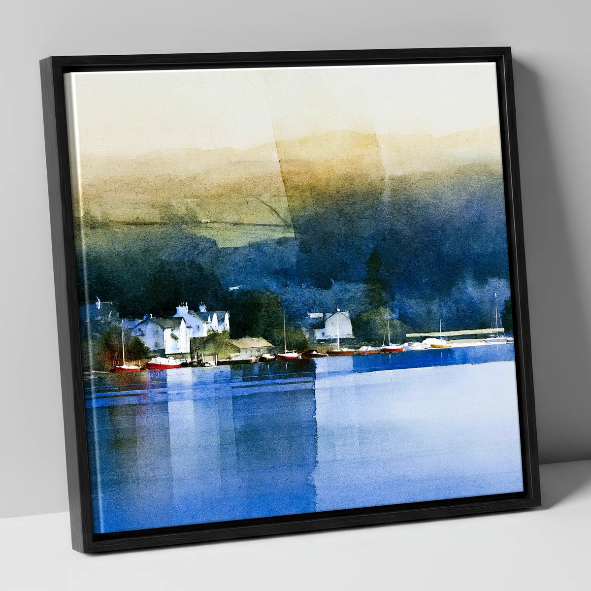 Bowness Bay in Deep Indigo lake district village canvas wall art in black frame