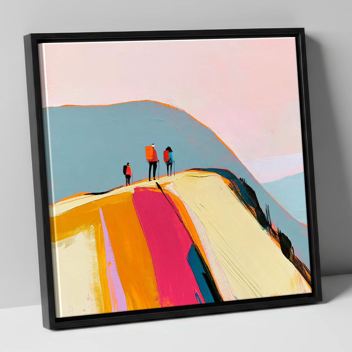 Vibrant Fell Top With Hikers lake district fell canvas wall art in black frame