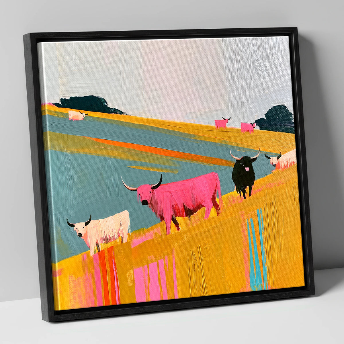 Colourful Highland Cattle Grazing lake district wildlife canvas wall art in black frame