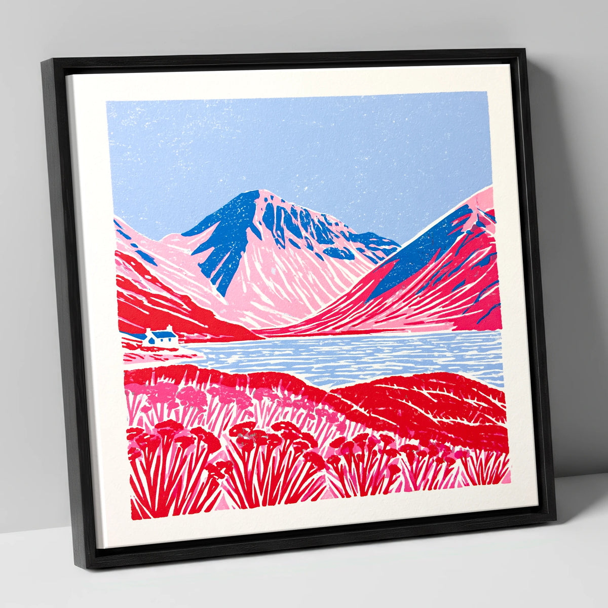 Vibrant Red Wasdale Fells lake district valley canvas wall art in black frame