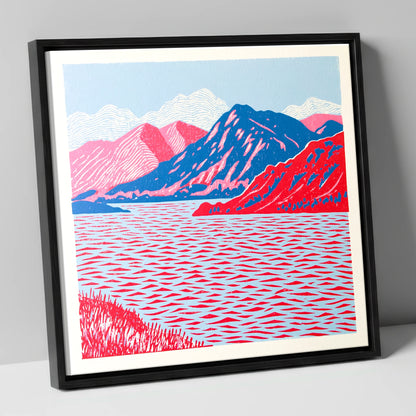 Ullswater in Vivid Red and Blue lake district lake canvas wall art in black frame
