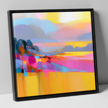 Magenta and Gold Valley Mist lake district sky canvas wall art in black frame