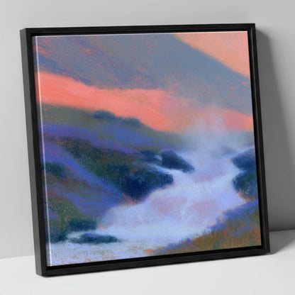 Pink Twilight Over Fellside Beck lake district waterfall canvas wall art in black frame
