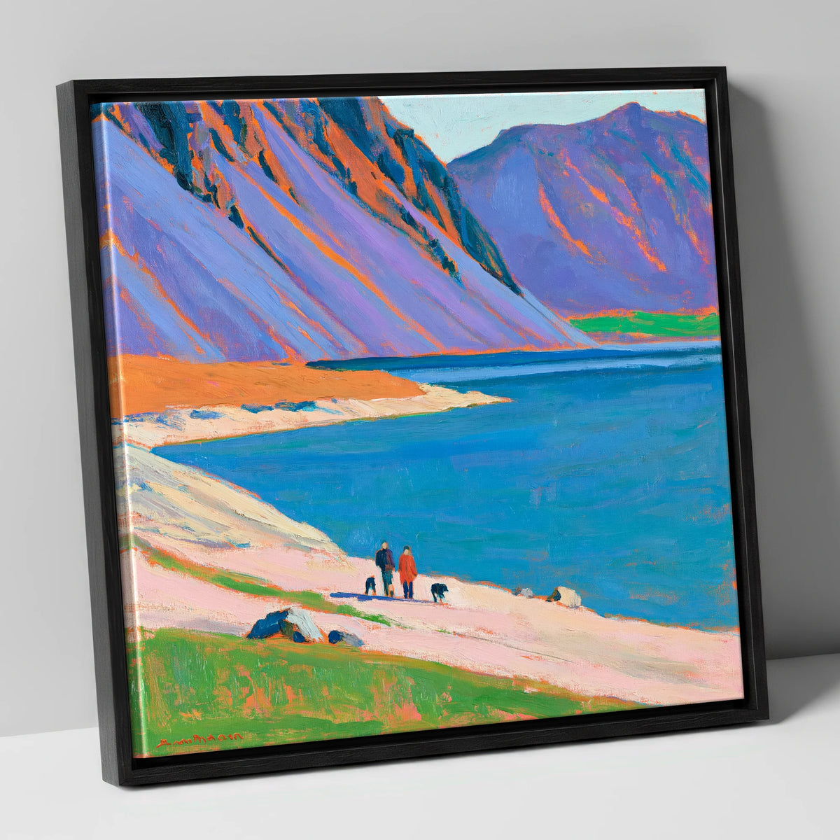 Colourful Wast Water Dog Walk gifts for dog walkers canvas wall art in black frame
