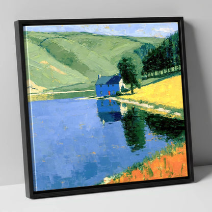 Blue Cottage on Calm Lake lake district lake canvas wall art in black frame