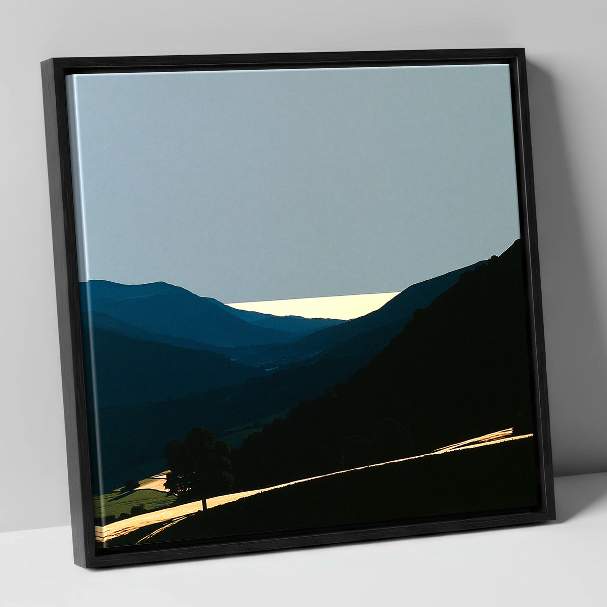Luminous Valley Mist at Dawn lake district sky canvas wall art in black frame