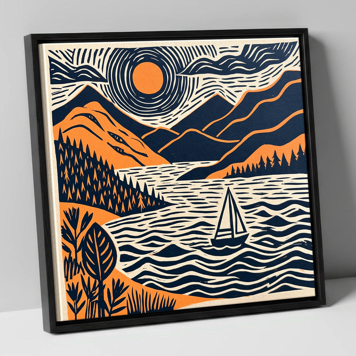 Windermere Sailboat Beneath Radiating Sun lake district lake canvas wall art in black frame