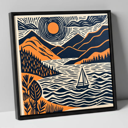 Windermere Sailboat Beneath Radiating Sun lake district lake canvas wall art in black frame