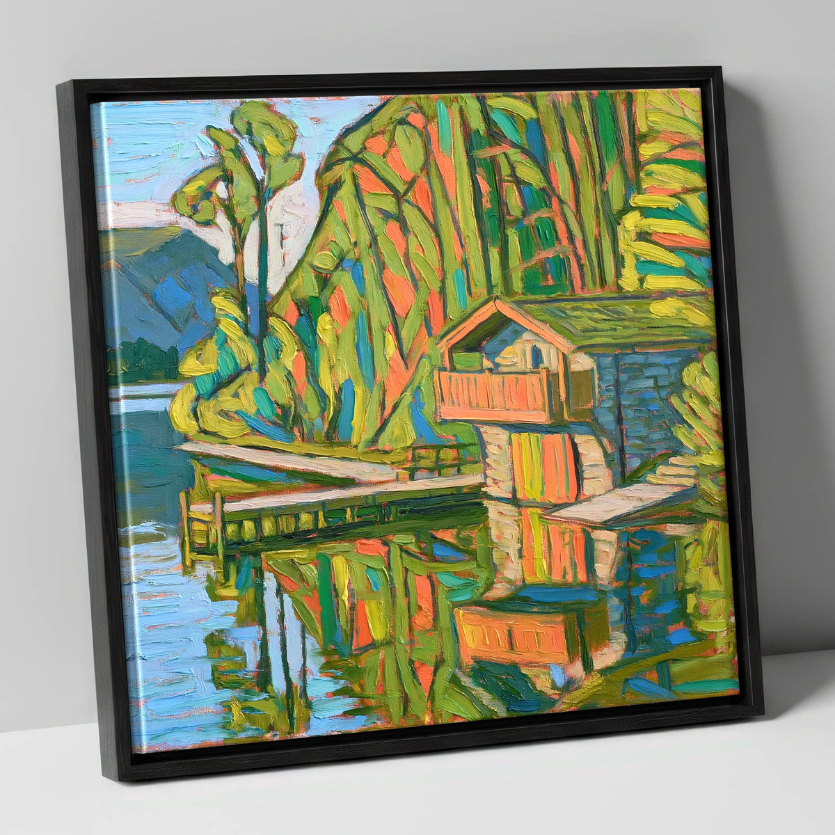 Vivid Pooley Bridge Boathouse lake district village canvas wall art in black frame