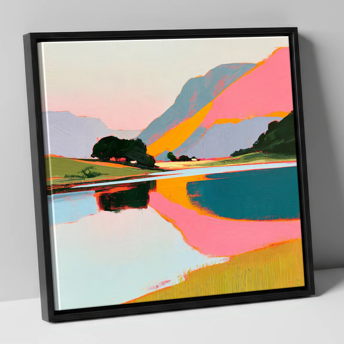 Vibrant Pink Lake At Dawn lake district lake canvas wall art in black frame