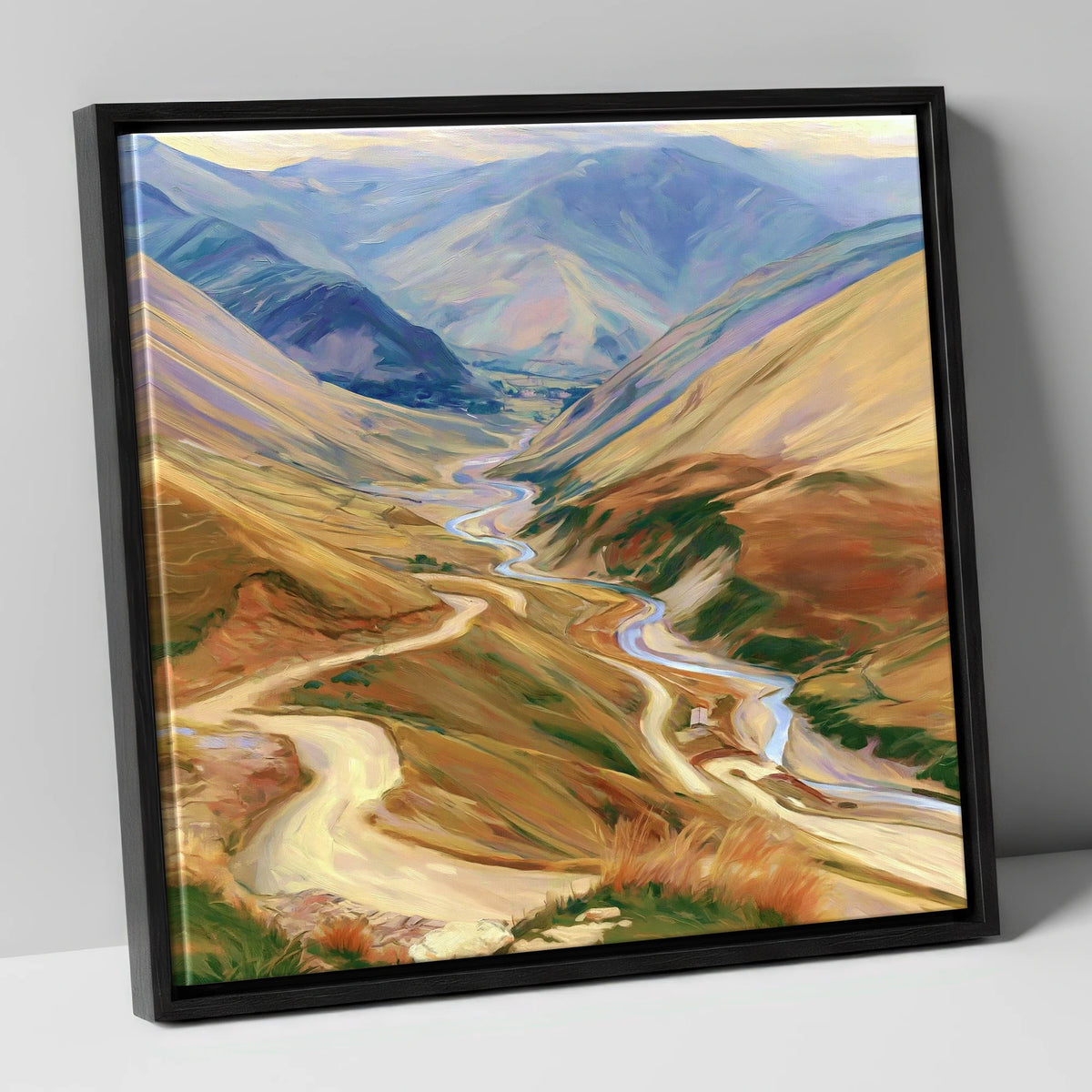 Winding Mountain Pass and Beck lake district valley canvas wall art in black frame