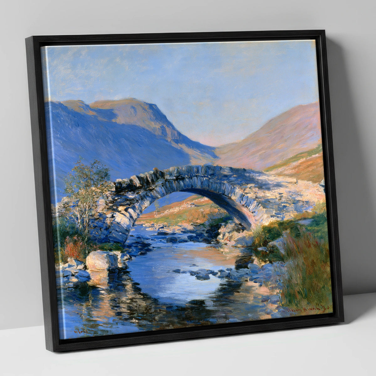 Luminous Stone Bridge Over Mountain Beck lake district waterfall canvas wall art in black frame