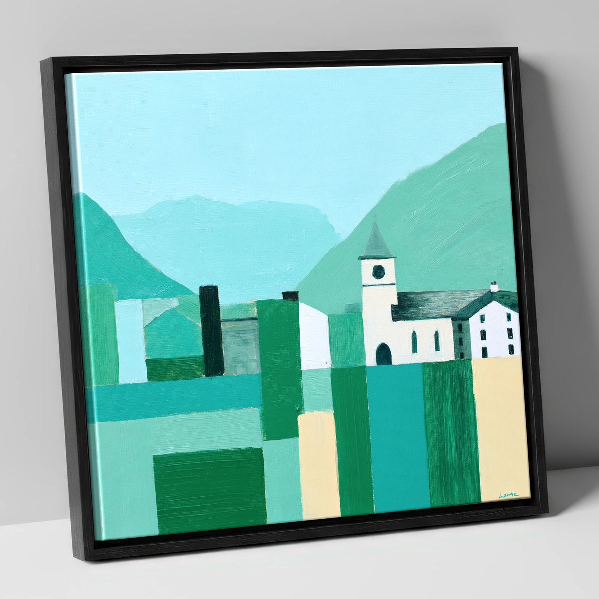 Keswick Townscape in Bold Greens lake district village canvas wall art in black frame