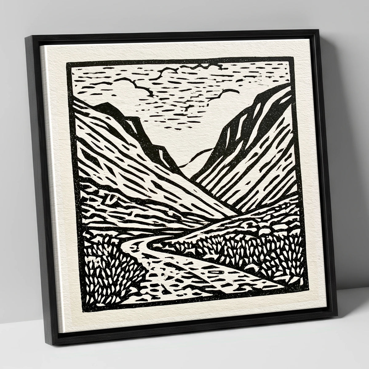 Honister Pass in Bold Monochrome lake district valley canvas wall art in black frame