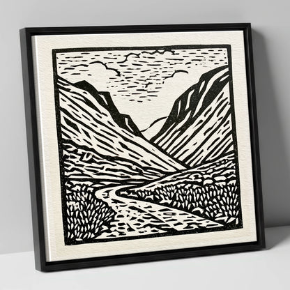 Honister Pass in Bold Monochrome lake district valley canvas wall art in black frame