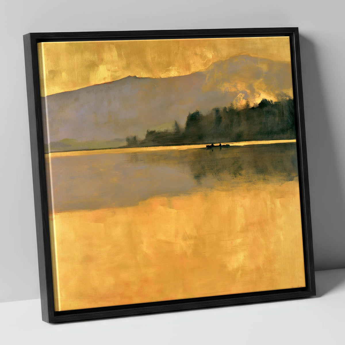 Still Lake in Golden Dawn lake district lake canvas wall art in black frame